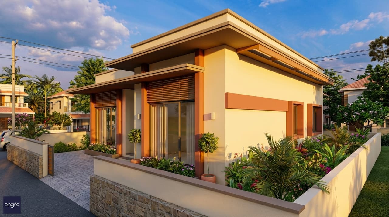 3D architectural render of 20x40 South-facing 1-floor house with modern Indian elevation