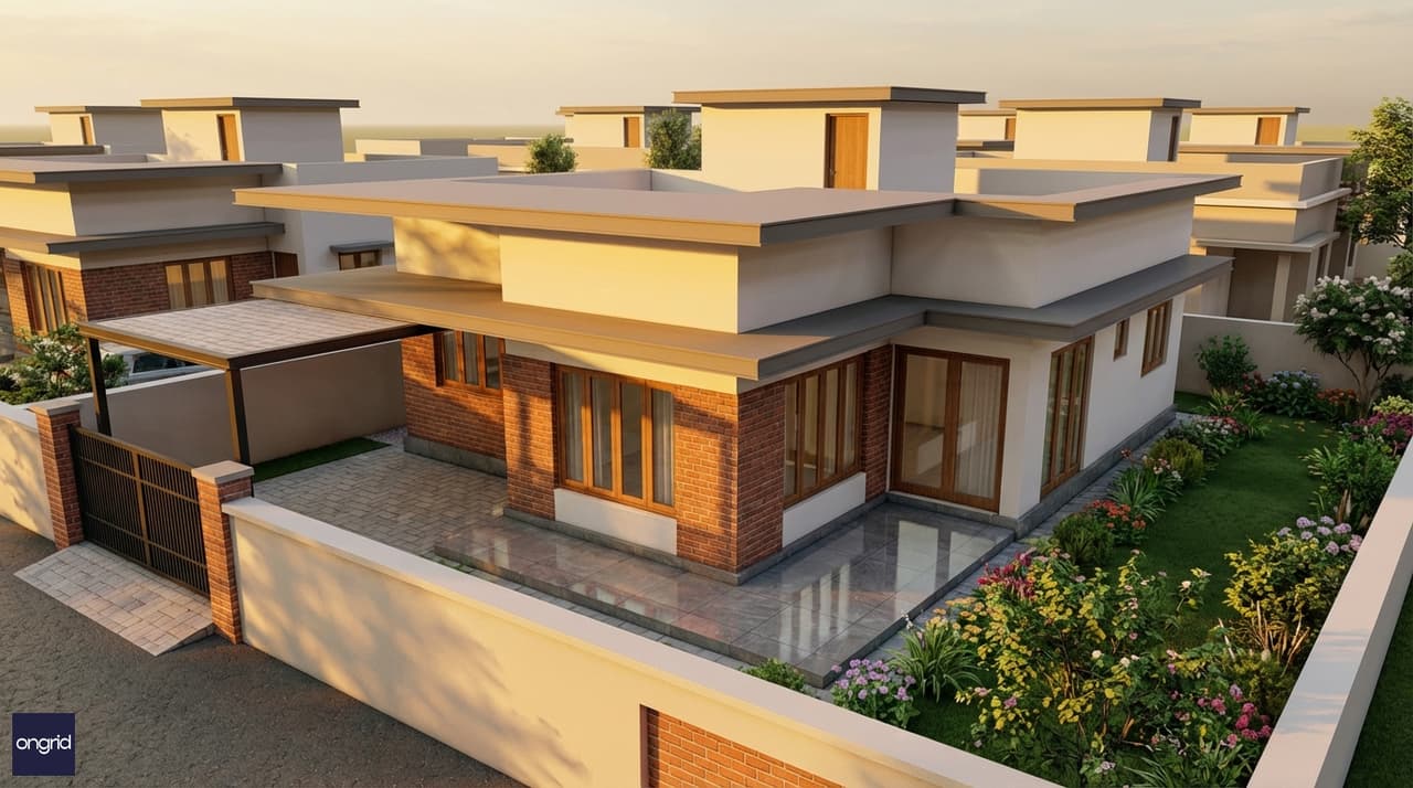 3D render of single-story west-facing house on 20x40 plot with deep overhangs