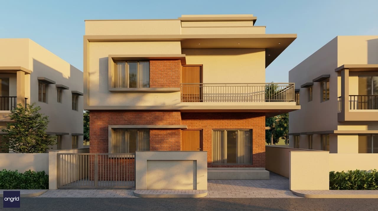 3D architectural render of 20x40 South-facing 2-floor house with modern Indian elevation