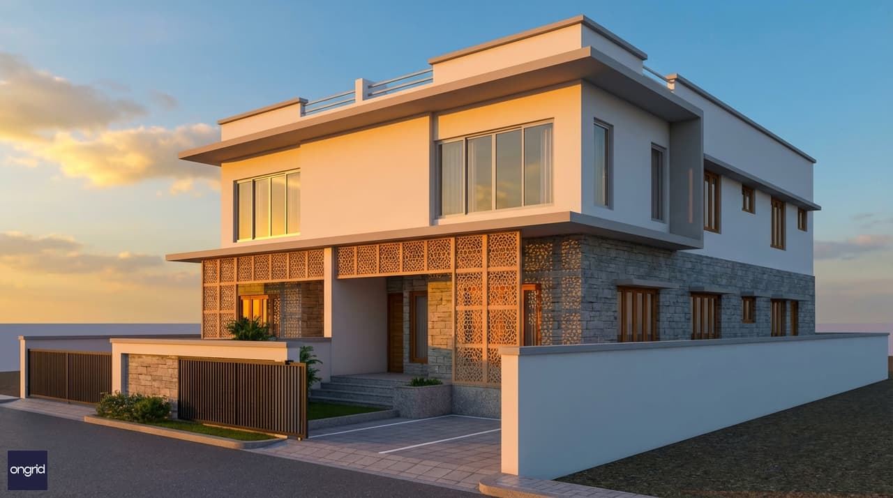 20x40 west-facing duplex elevation with deep verandah and jali screens