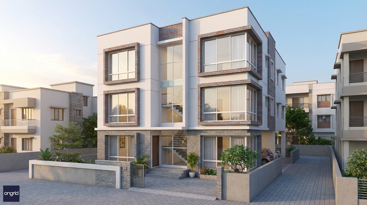 3D architectural render of 20x40 North-facing 3-floor house with modern Indian elevation