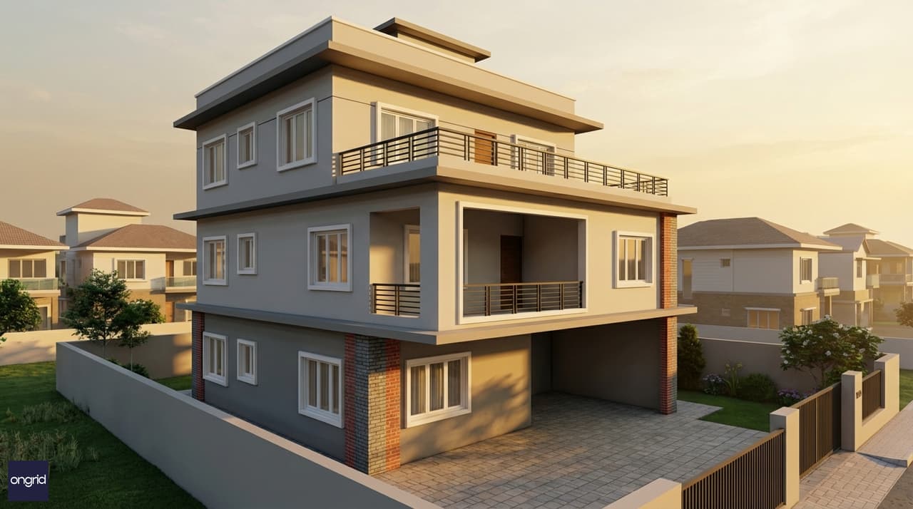 3D render of 4-story west-facing house on 20x40 plot with deep overhangs and vertical design