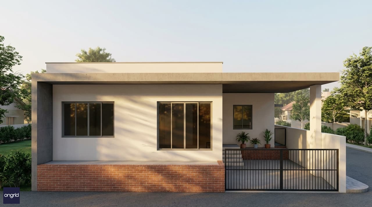 Modern 25x30 south-facing single-floor house with 1.5m deep south overhangs, white plaster elevation, red brick base, morning light on east side, compound wall with parking, Indian residential setting