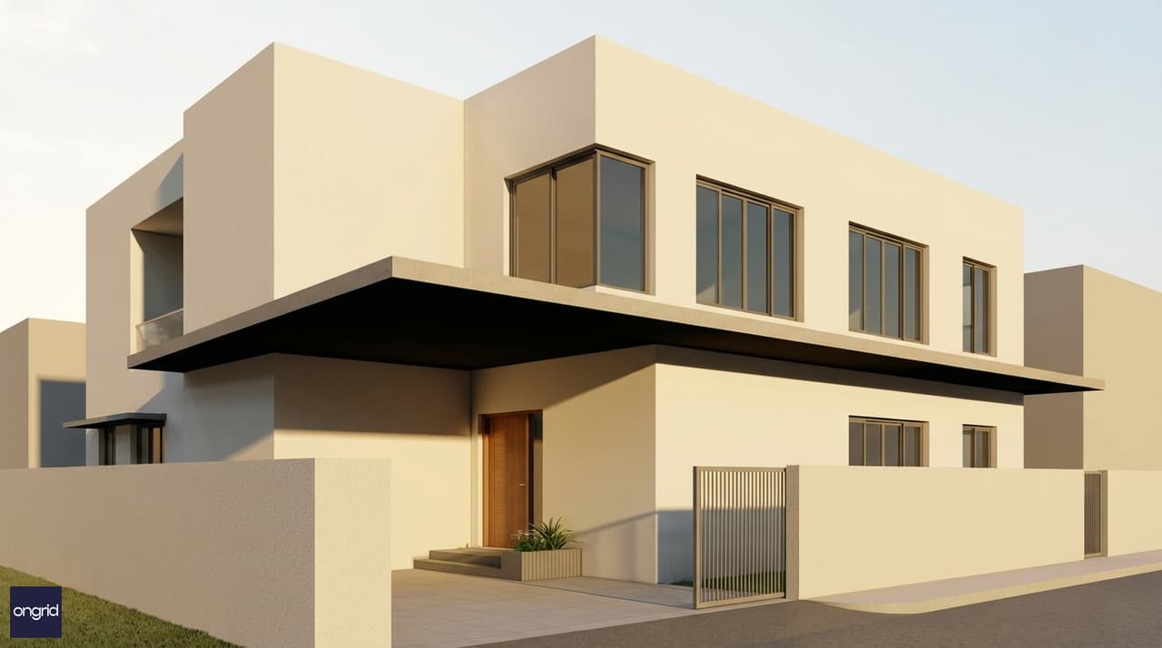 25x30 south-facing 2-story contemporary Indian residential building with light-colored exterior, deep roof overhang on south elevation, compact footprint, defined entrance with modest landscaping