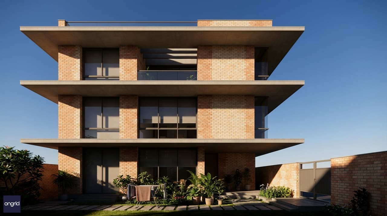 25x30 south-facing contemporary Indian residential home with deep overhangs, light terracotta brick facade, planted south garden, three-story vertical design, compound wall with gate entrance