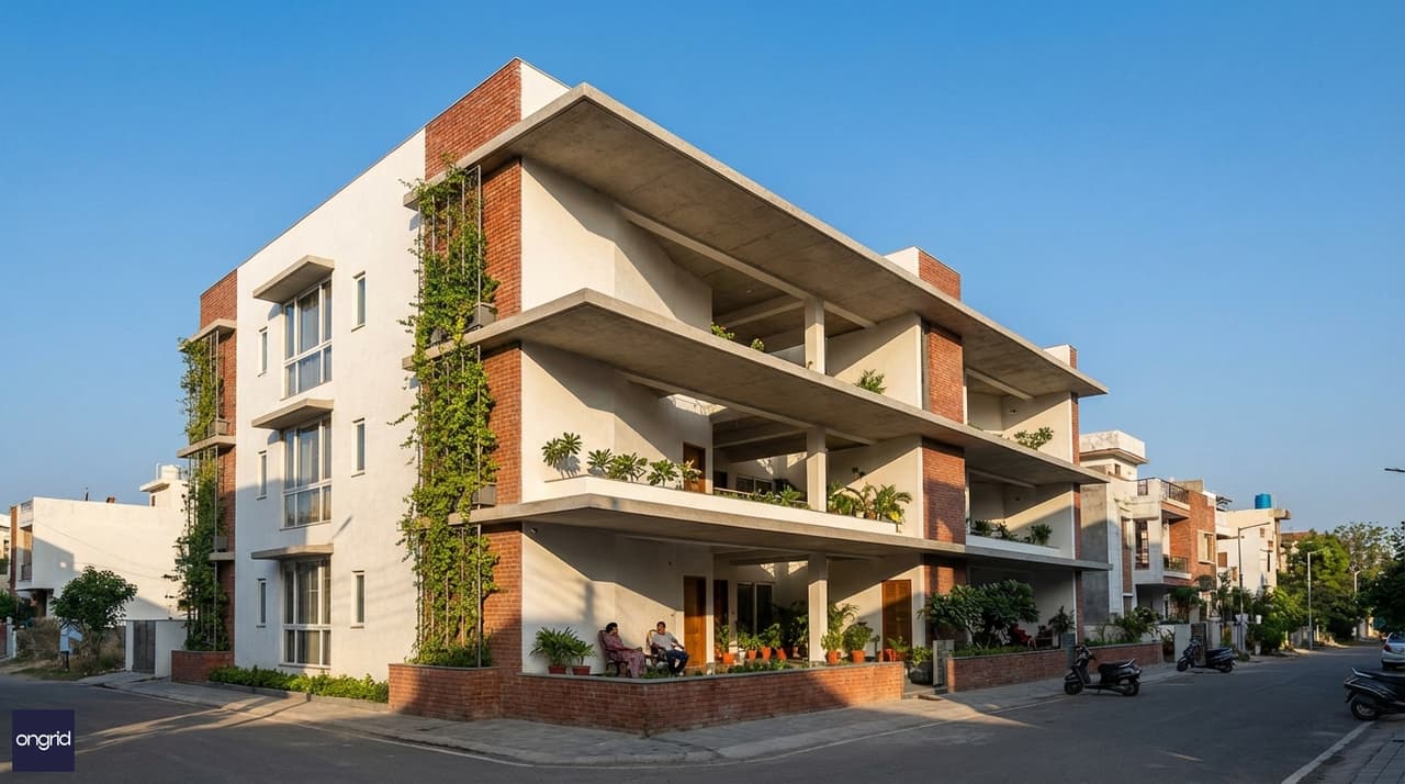 Hero image of a four-story south-facing townhouse with deep overhangs and vertical green spaces