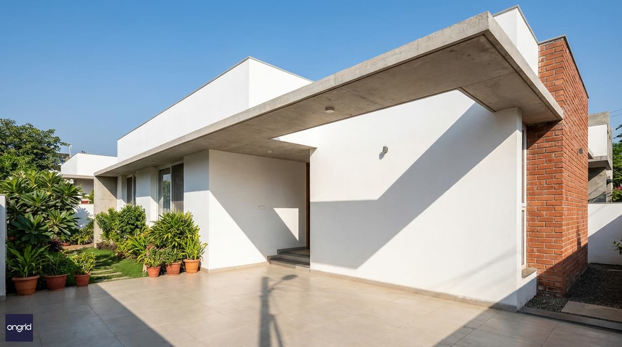 Modern simplex exterior with deep overhang shading the south elevation