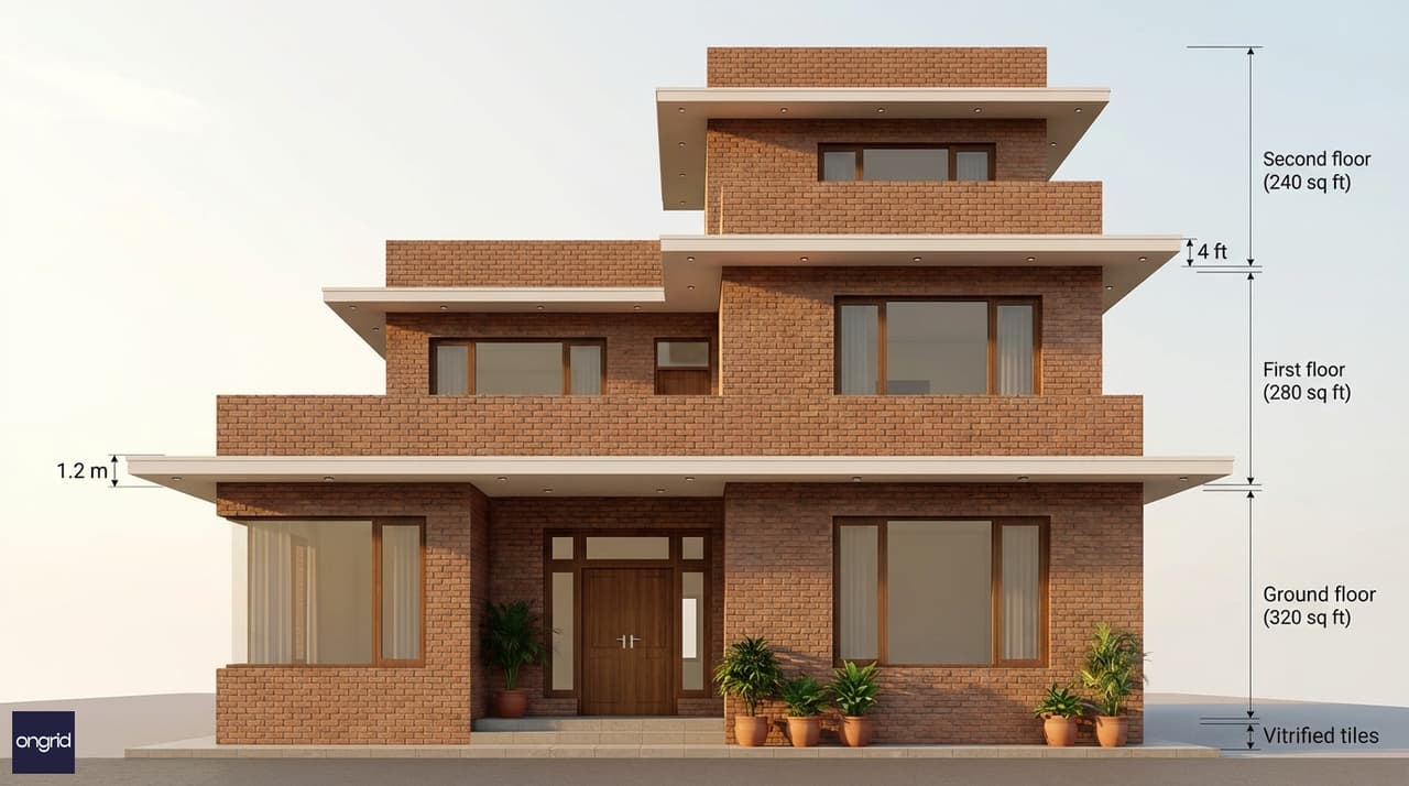 North-facing 3-floor architectural elevation on a 25x40 plot with optimized load-bearing walls, deep soffit overhangs, and soft diffused morning light creating a serene facade.