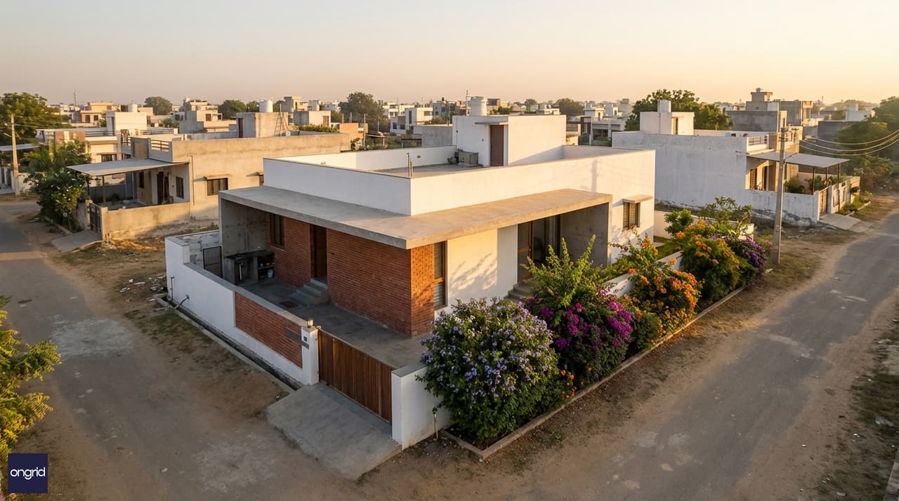 Aerial view of 25x50 east-facing single floor home with morning sun, integrated landscape, and shaded entry portico