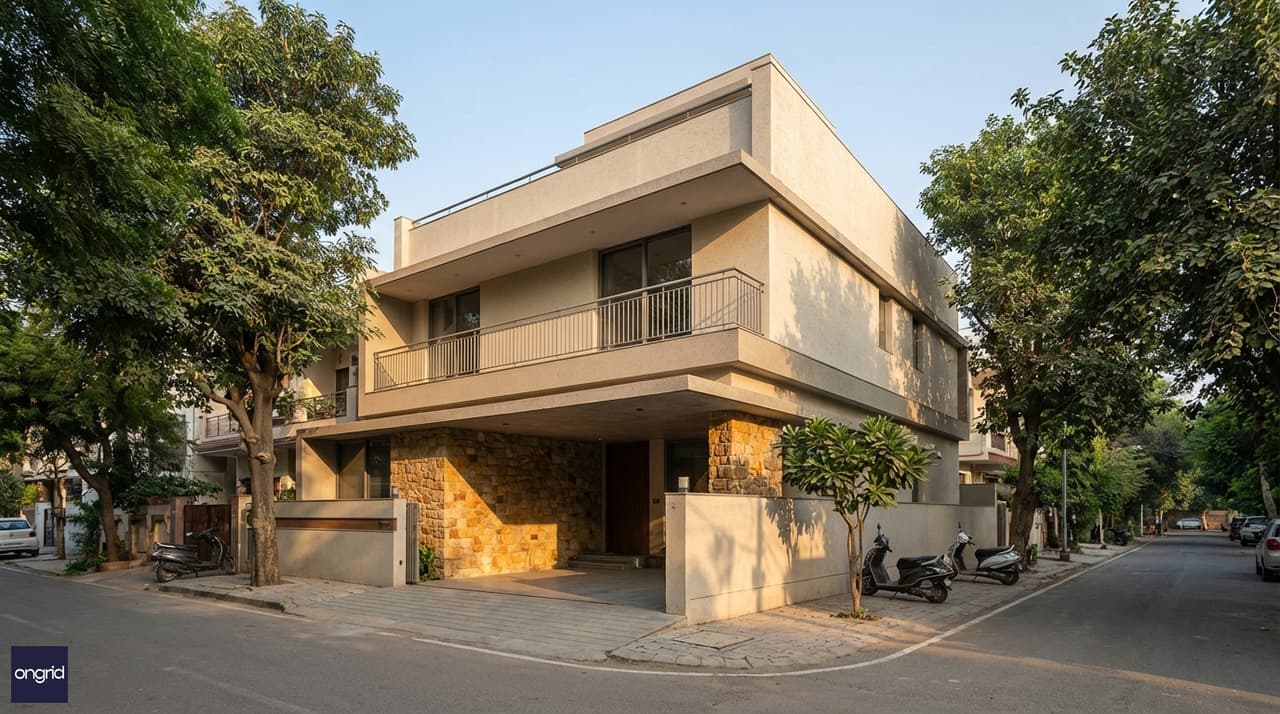Contemporary east-facing G+1 duplex on a 30x40 plot, morning light on the facade, clean modern elevation with balcony and sit-out