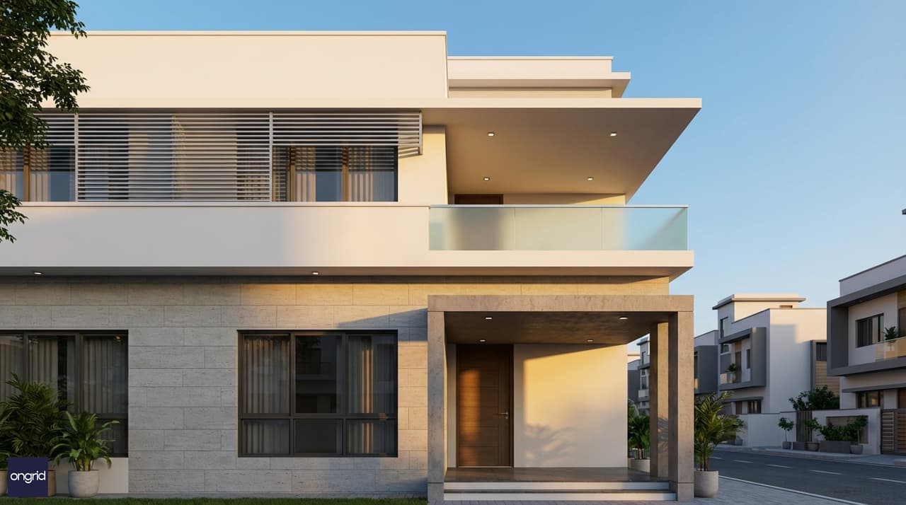 Modern 3D elevation of a 30x40 east-facing G+2 house with two-tone cladding and morning golden light