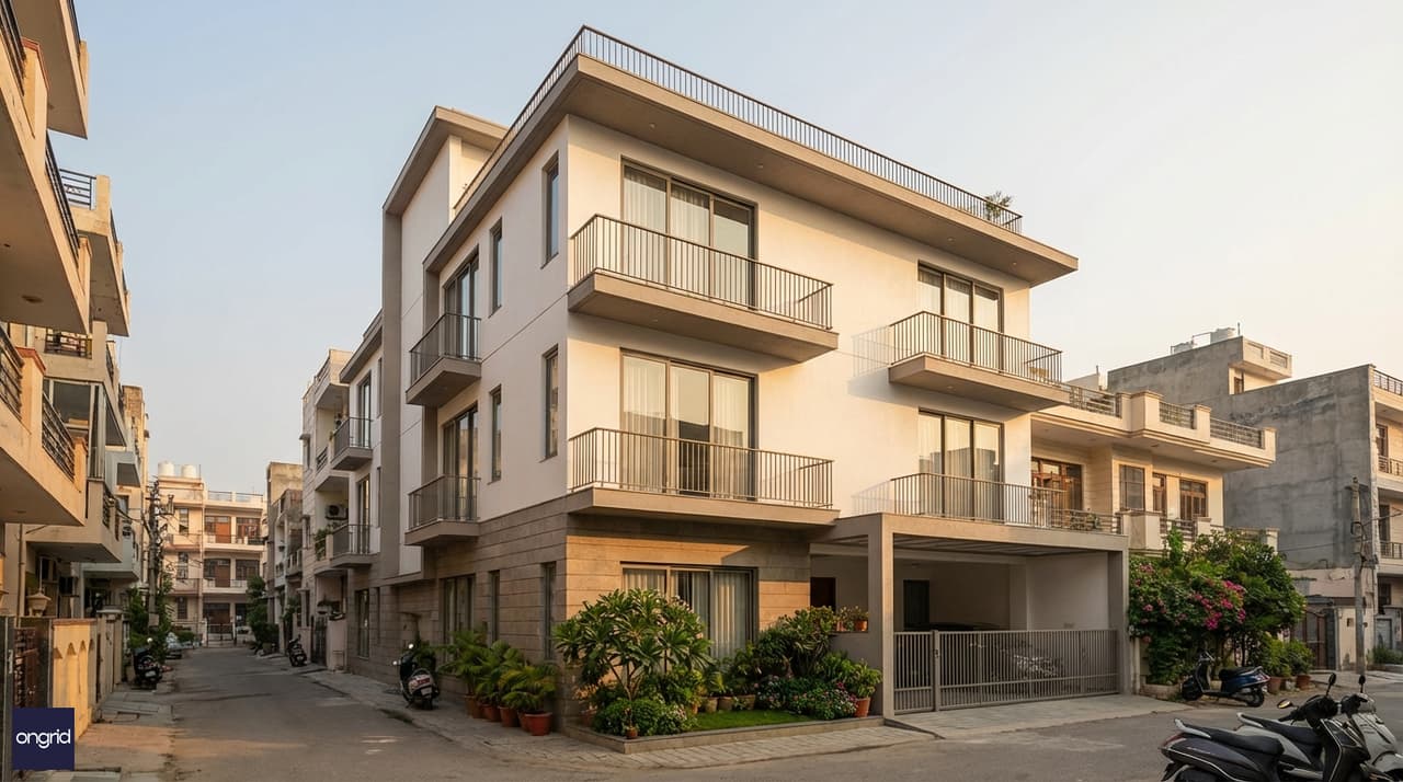 Modern 30x40 east facing 4-floor G+3 home elevation with morning sunlight and staggered balconies