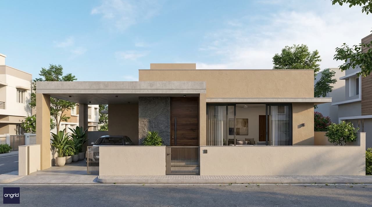 Modern north-facing single-floor home on a 30x40 plot with covered front porch, flat roof, and clean horizontal facade in warm Indian daylight