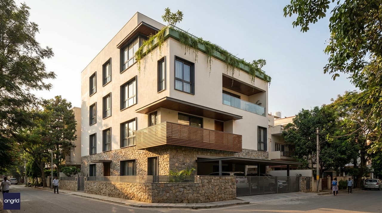 Modern four-floor north-facing contemporary Indian home on a 30x40 plot with staggered balconies, stone-clad base, and dark aluminium windows