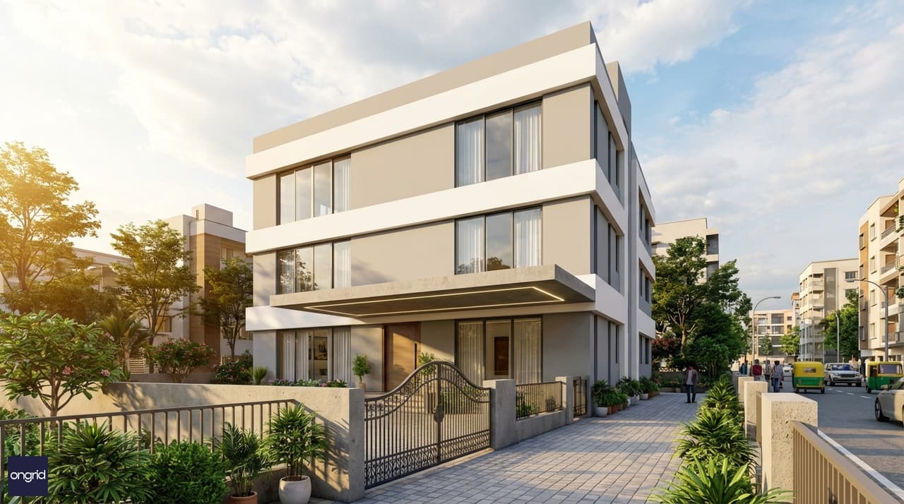 Hero render of a modern 30x40 south facing three-floor house with flat roof, cantilevered canopy and large south-facing windows in an urban Indian neighbourhood