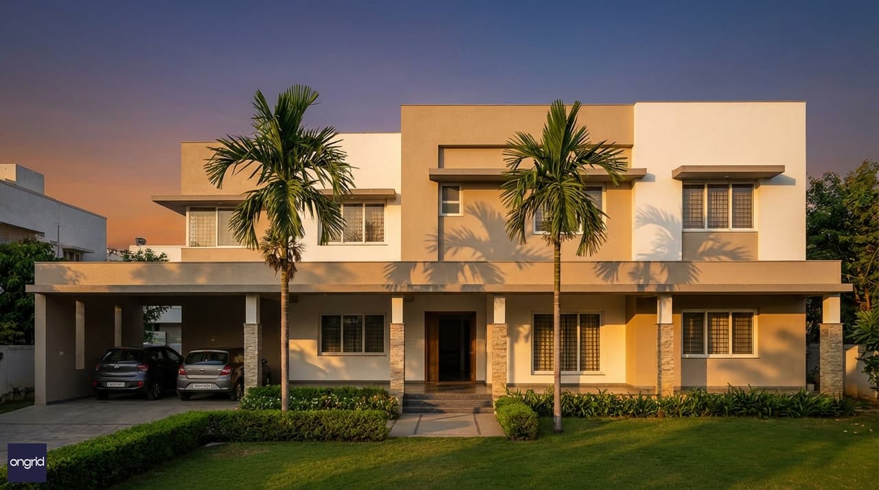 Modern single-floor west-facing home on a 40x50 plot — contemporary flat-roof elevation with verandah and landscaping