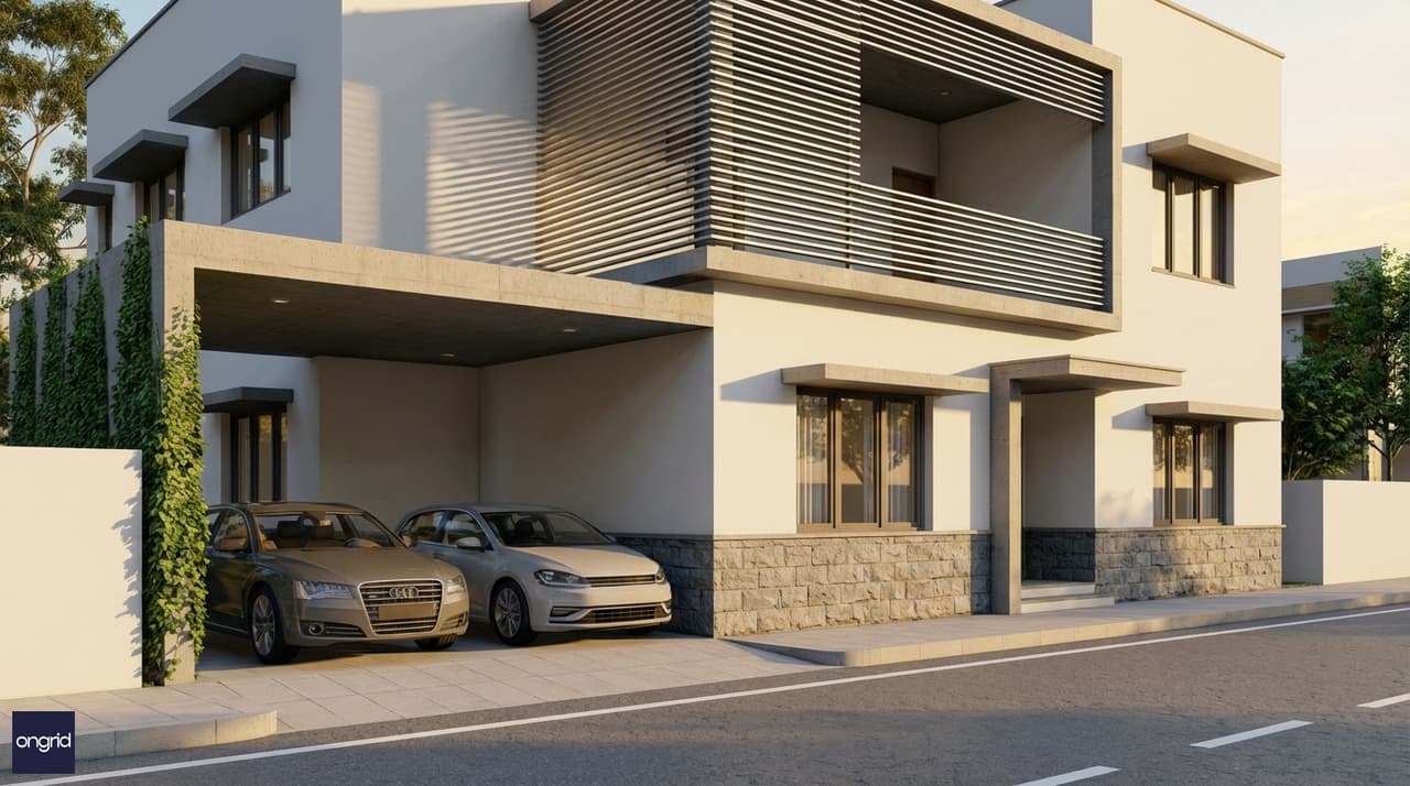 Modern 40x50 west facing G+1 home with deep chajja overhangs, horizontal aluminium louvre balcony screen, rough-cut stone plinth and white upper render, golden afternoon light