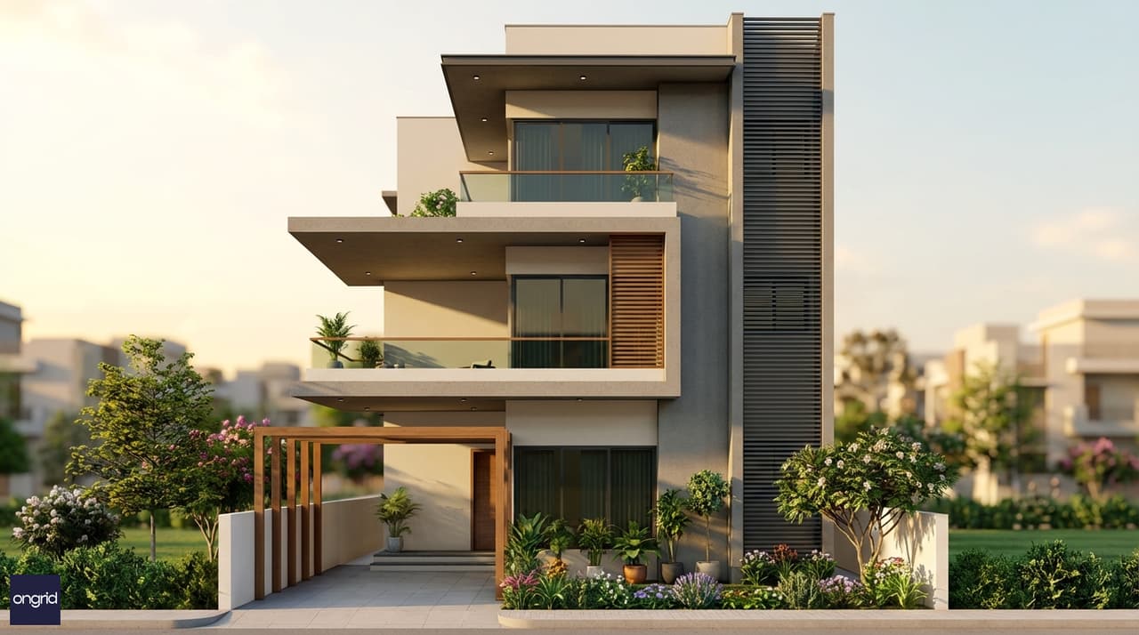 Modern 3-floor west facing house elevation on a 40x50 plot with layered balconies and sunset-oriented terrace