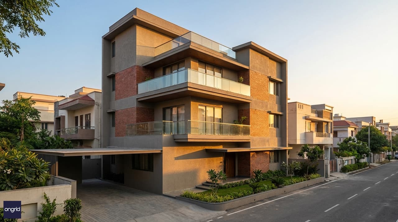 Modern G+3 east facing house elevation on a 40x50 plot with contemporary facade, stacked balconies and warm morning light