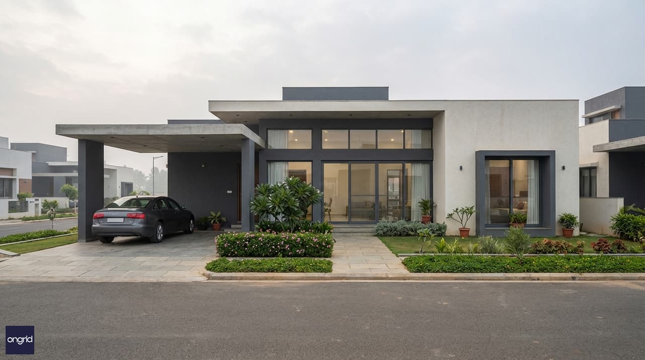 Exterior render of a contemporary 40x50 north facing single floor home — wide 40ft frontage, flat roof, soft morning light from the north, manicured front garden and car porch