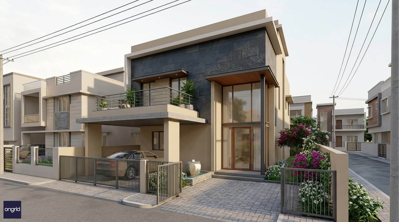 Contemporary 3D elevation of a 40x50 north facing 3 floor G+2 home with flat roof, cantilevered balcony, and landscaped entry court