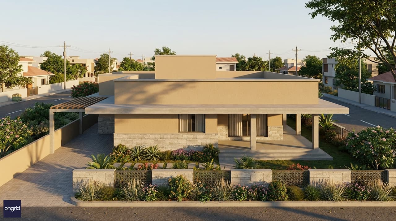 A modern south-facing single-floor home with wide verandah, front garden, and contemporary flat-roof elevation on a 40x50 plot in India