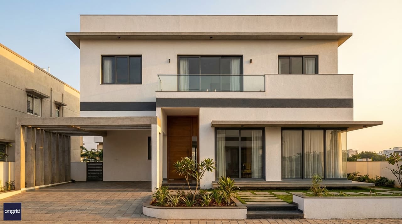 Modern south-facing 40x50 G+1 home with double-height facade and landscaped south entrance