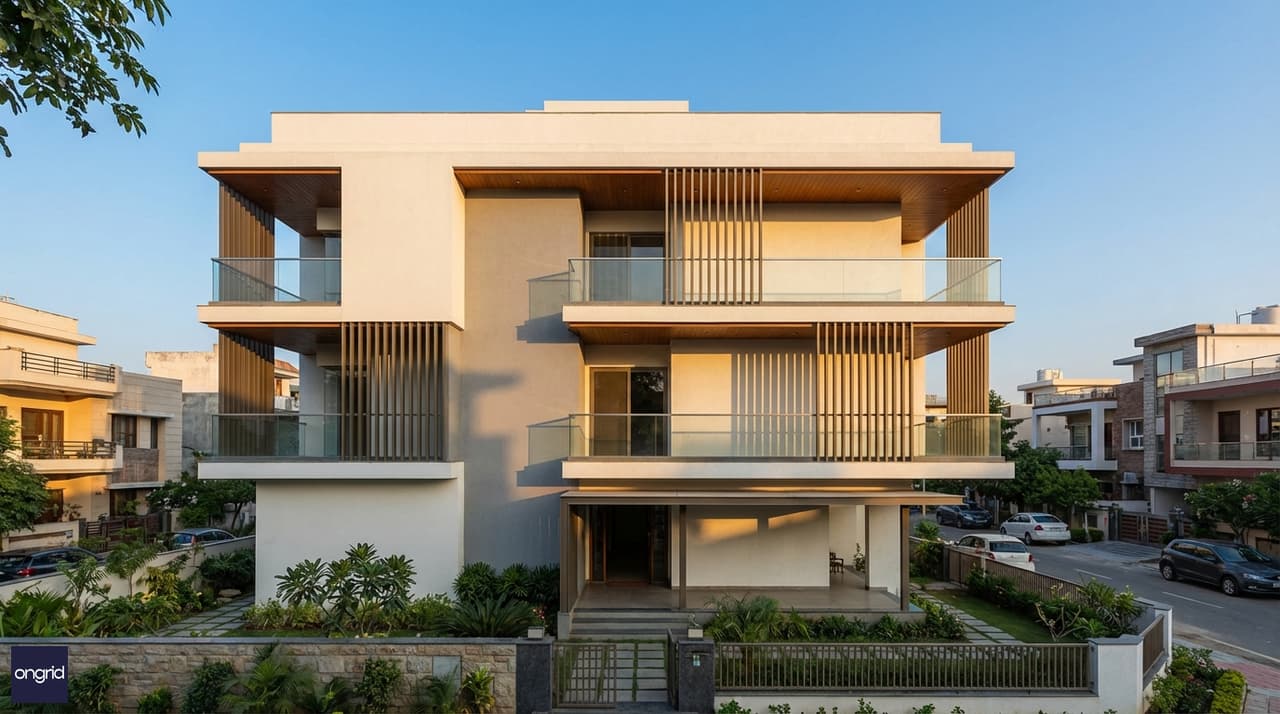 Contemporary G+3 house on a 40x50 north-facing plot with modern elevation, recessed entry porch, and landscaped frontage