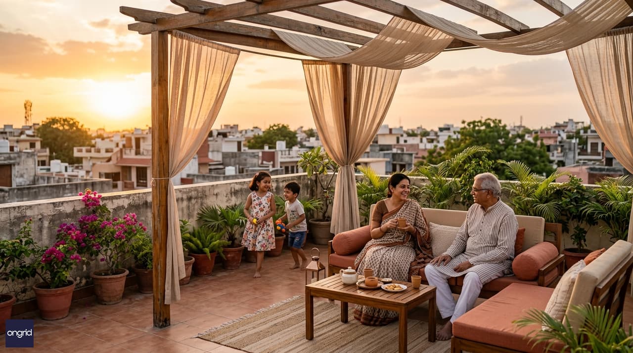Indian multigenerational family relaxing on the large west-facing rooftop terrace of a G+2 home at sunset with pergola and potted plants