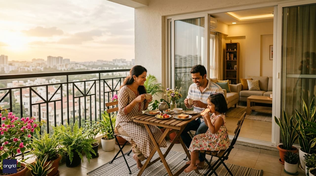 Lifestyle image of a family enjoying morning tea on the east-facing balcony of a 40x60 four-floor house with sunrise light flooding the living area behind them