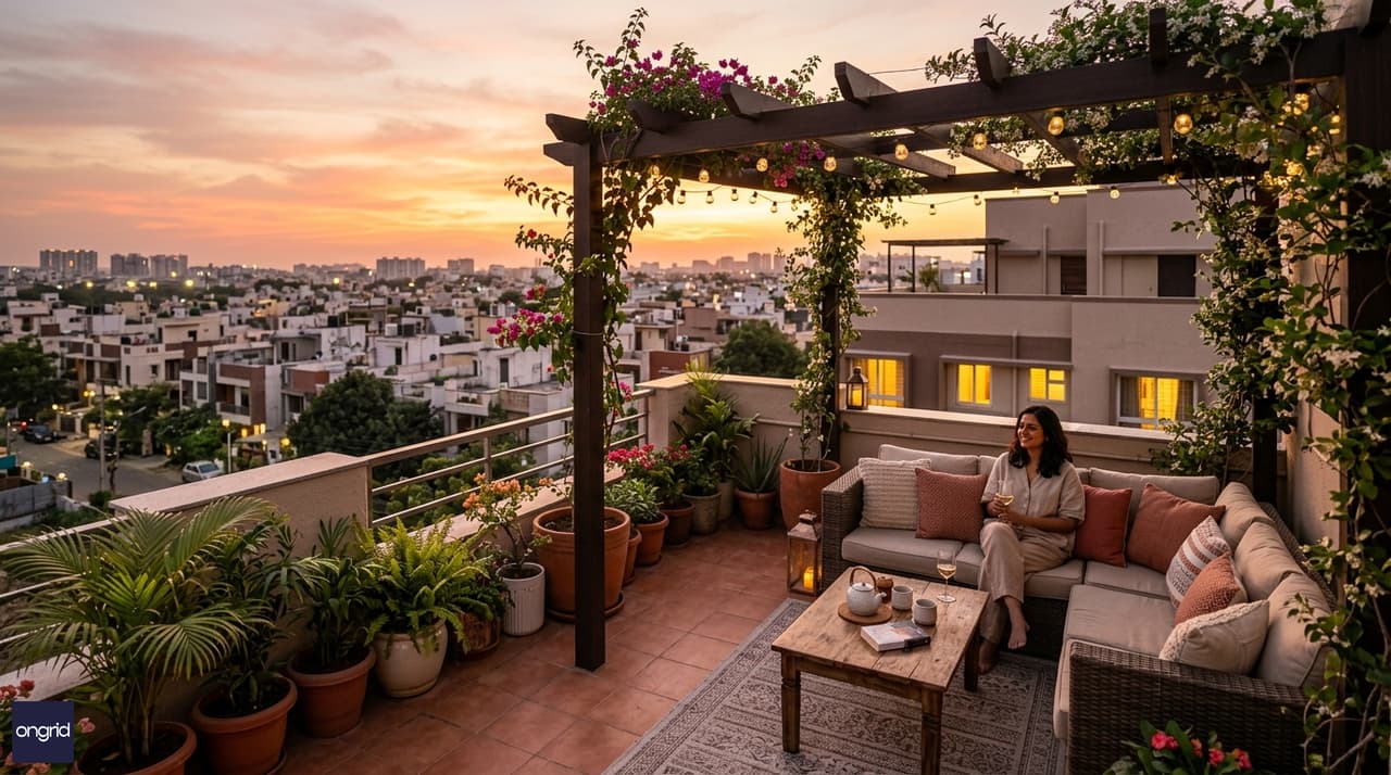 Lifestyle image of a west-facing terrace on a G+3 urban compound at golden hour with city views in the background