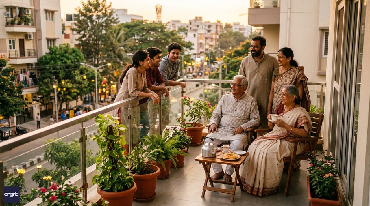 Lifestyle photo of a multi-generational Indian family gathered on the north-facing first-floor balcony — grandparents seated, parents standing, children at the railing, with the street below