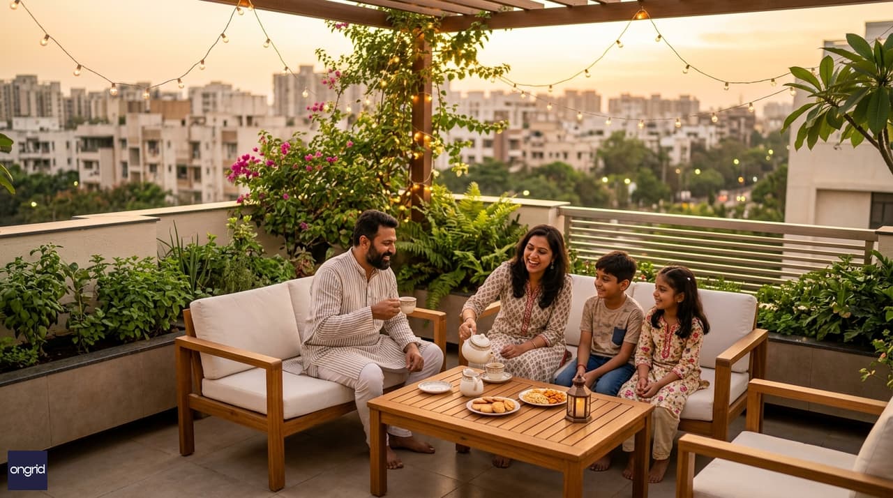Indian family enjoying evening tea on the open south-facing terrace garden of their G+3 penthouse floor
