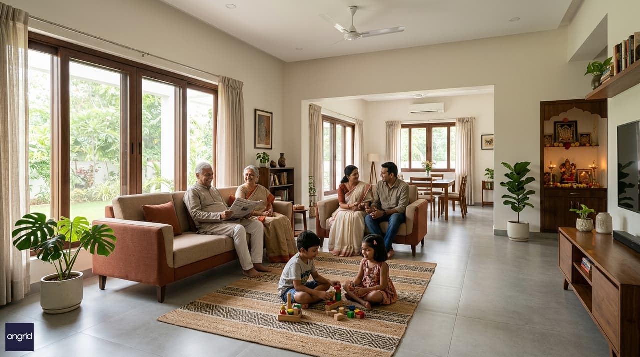 A multigenerational Indian family relaxing in the spacious living room of a north-facing single-story bungalow