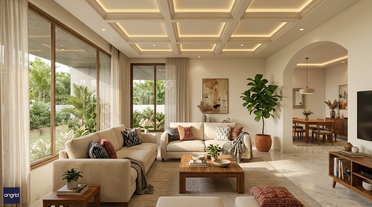 Warm spacious living room of a 60x60 south-facing single-floor bungalow at 3 PM — afternoon light filtered by 4-ft overhang, 18x16 ft space with contemporary furnishings and double-height ceiling