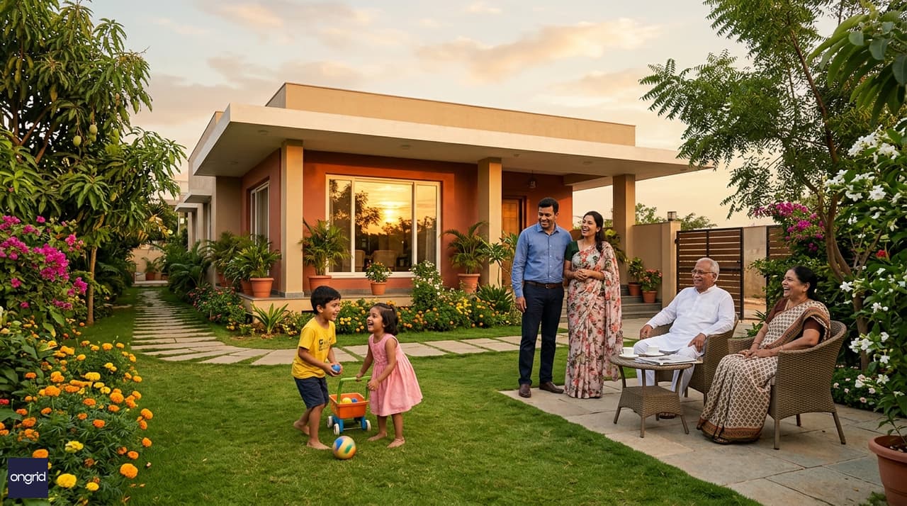 Indian joint family enjoying evening time in the front garden of a 60x60 west-facing single-floor bungalow at golden hour