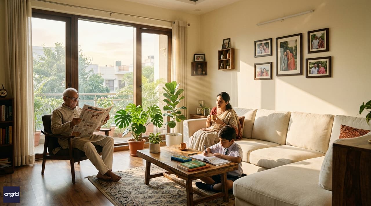 A multigenerational Indian family in the naturally lit morning living room of an east facing G+1 home, with warm sunlight streaming through large east-facing windows