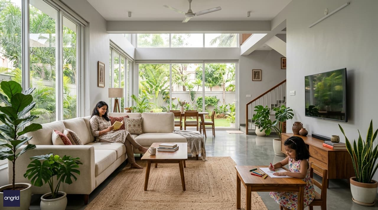 Bright, airy interior lifestyle shot of a north-facing 60x60 G+1 living room with diffused natural light