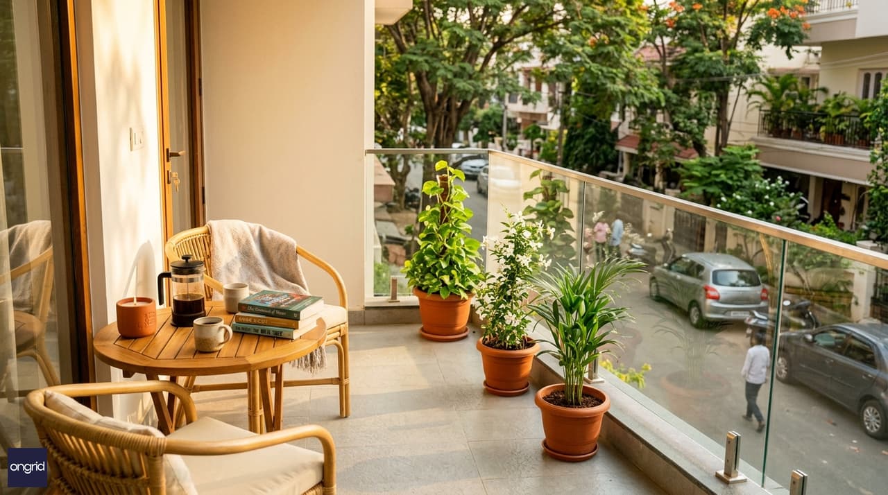 East-facing first-floor balcony morning lifestyle image showing 14x6 ft outdoor space with cane chairs, coffee, plants, and golden morning light over the neighbourhood