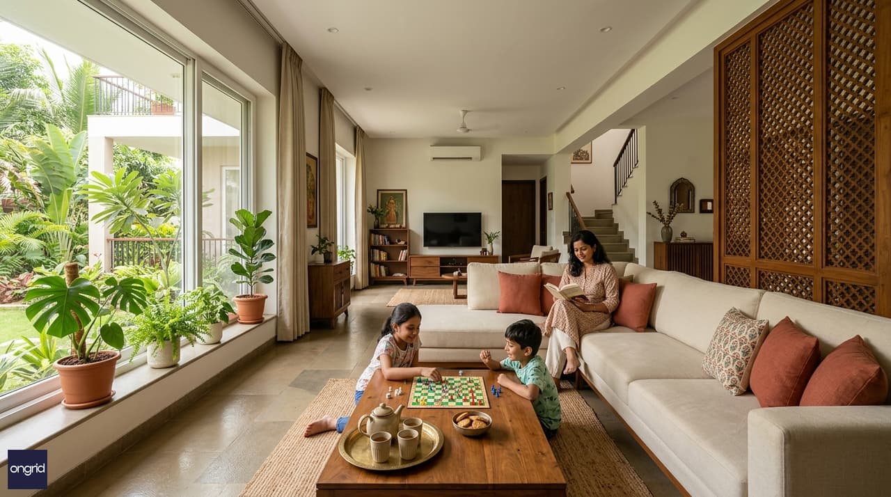 Lifestyle scene — family in the north-facing living room of a 60x60 G+2 home, soft diffused light throughout the afternoon