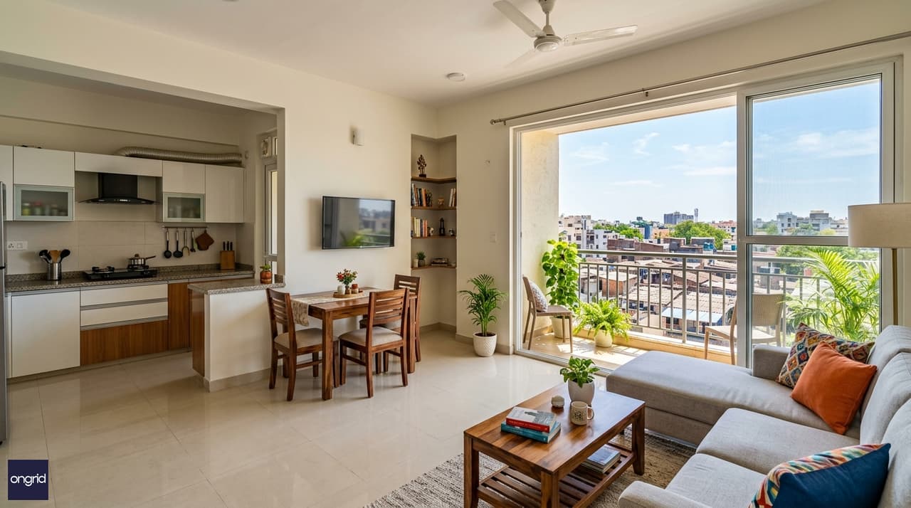 Interior lifestyle photograph of a modern south facing second floor rental apartment with large windows, natural light, and a private south-facing balcony