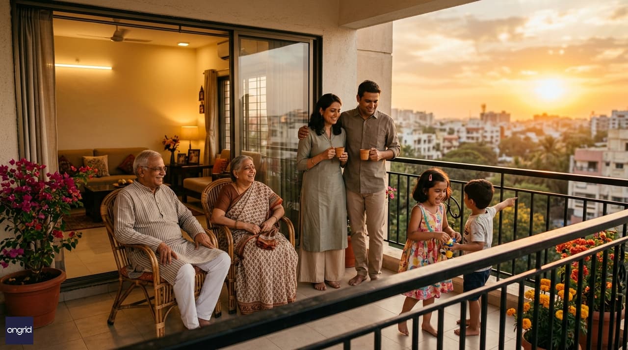Joint family lifestyle in a 60x60 west facing 3-floor home at sunset