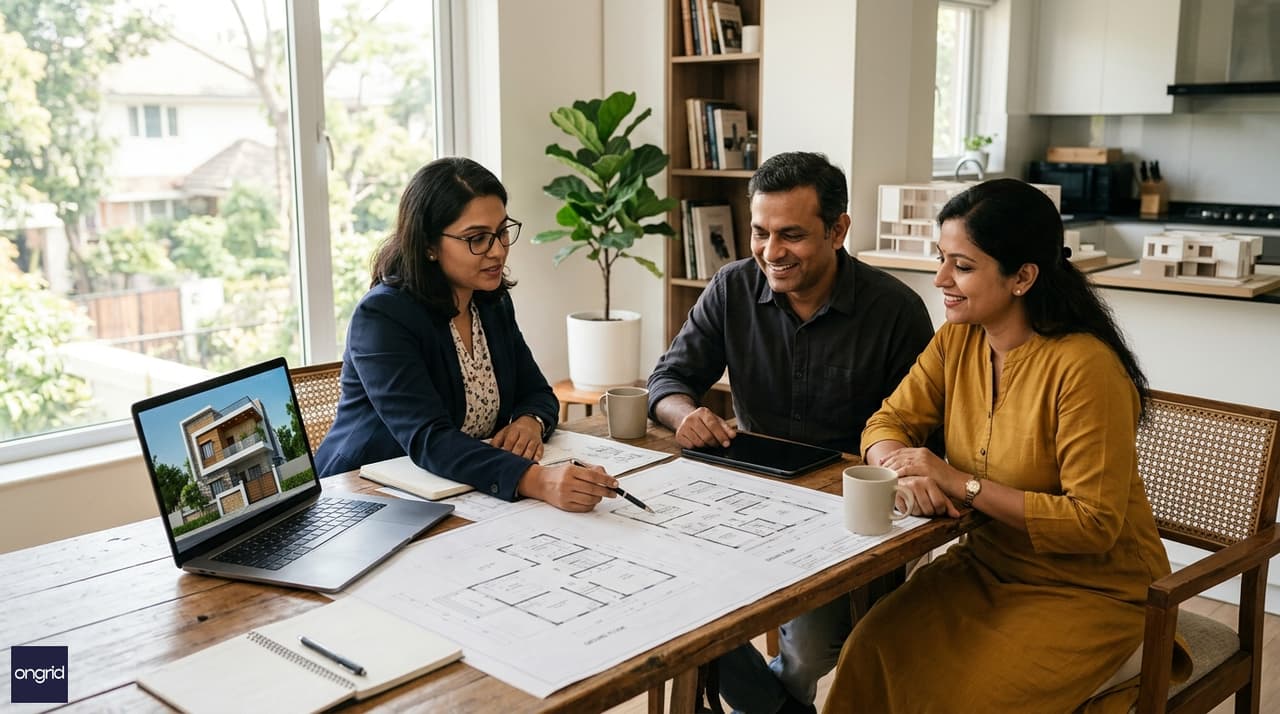 A homeowner reviewing 60x60 G+3 architectural drawings with an Ongrid COA-certified architect during an online video consultation session