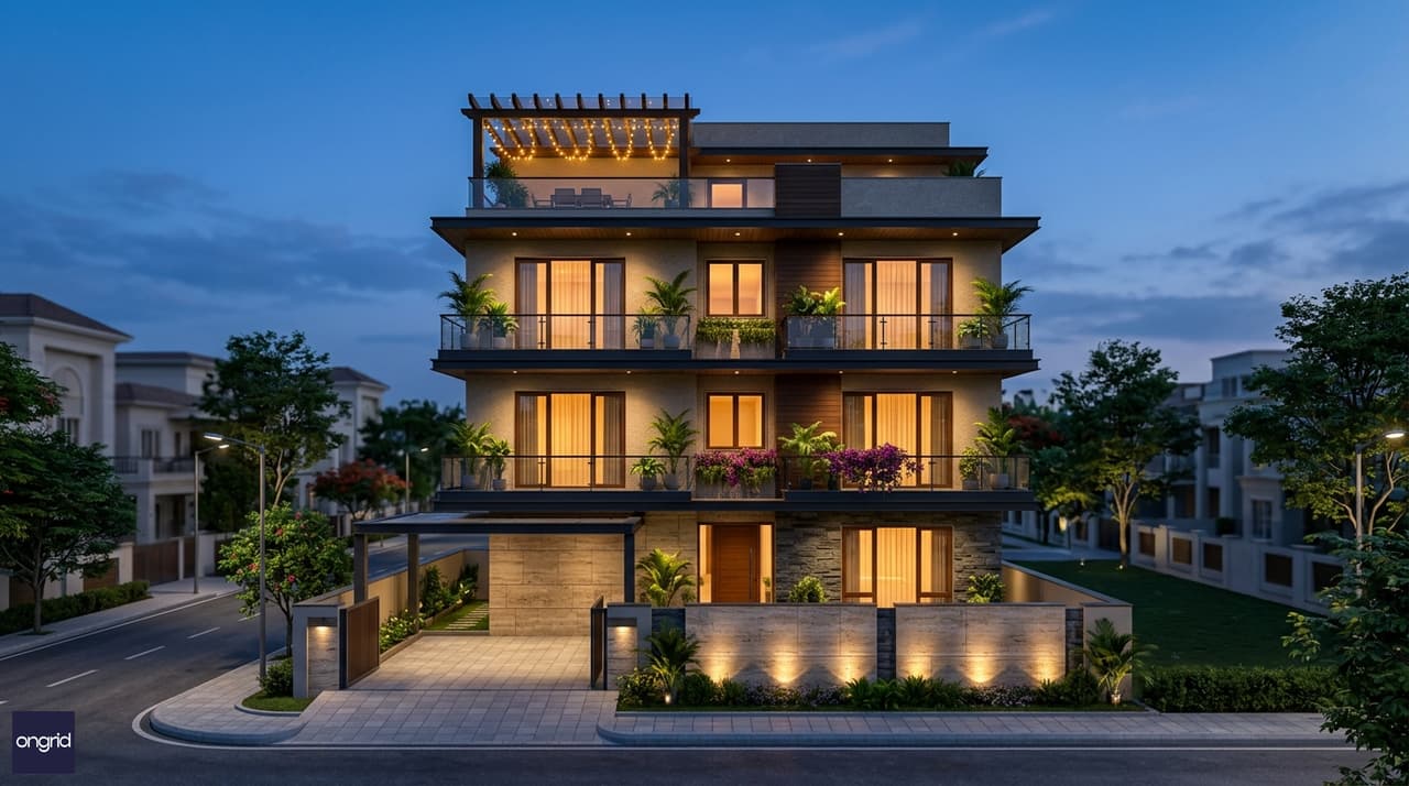 Lifestyle photograph of a 60x60 north facing 4-floor home with terrace garden and north-facing balconies at dusk