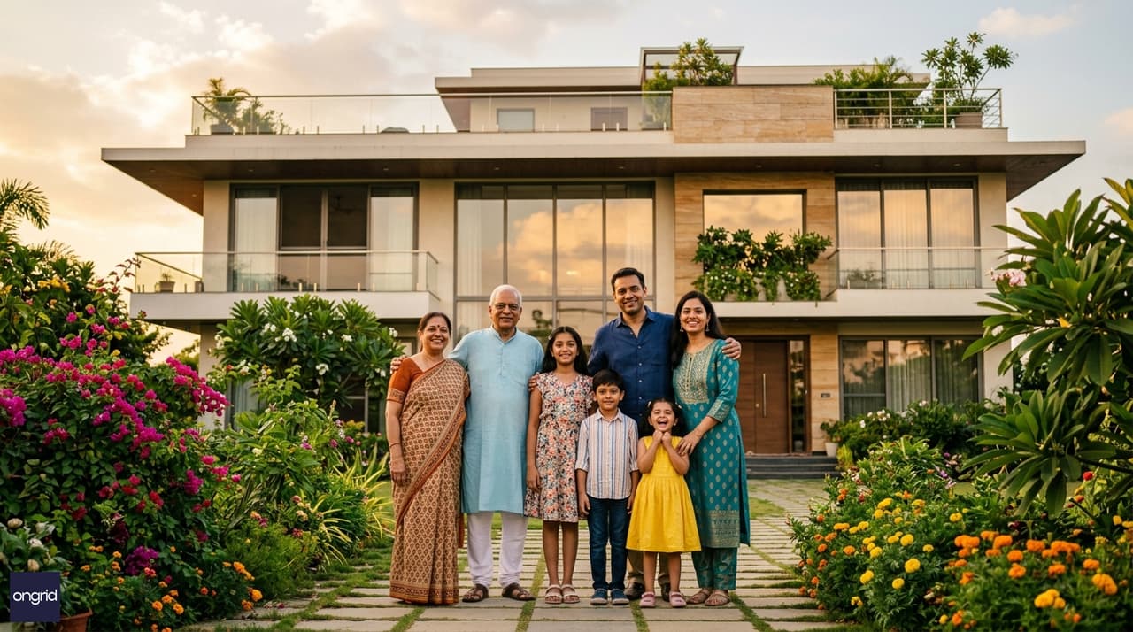 A multi-generational Indian family — grandparents, parents, and children — standing together in front of their completed four-floor south-facing 60x60 home with a lush garden and landscaped entry