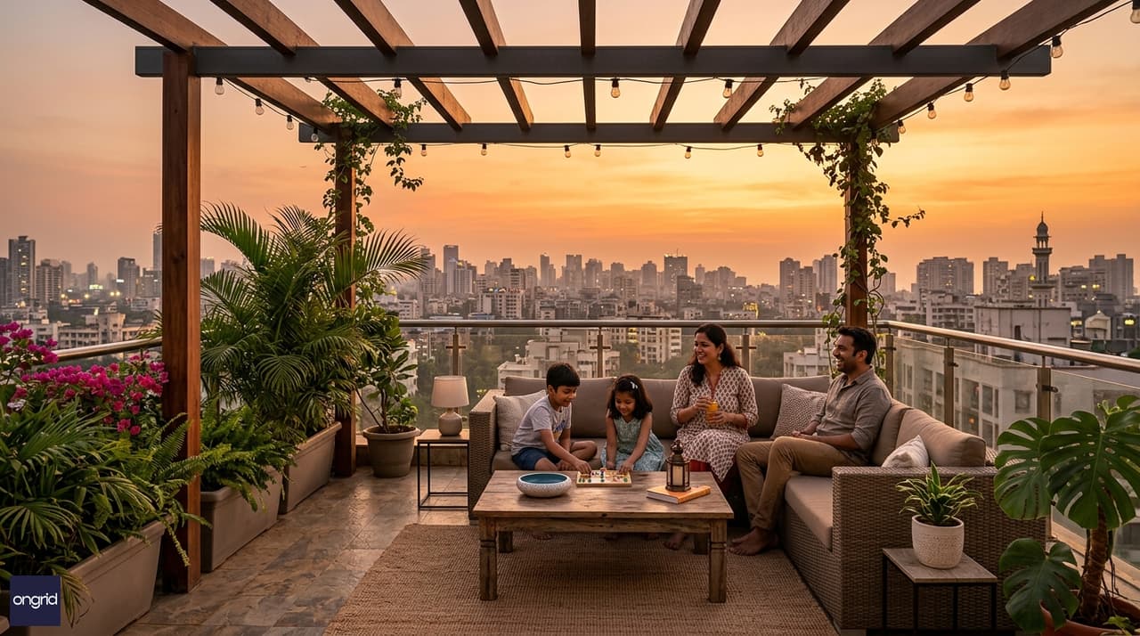 Lifestyle image showing the west-facing terrace at sunset with family gathered