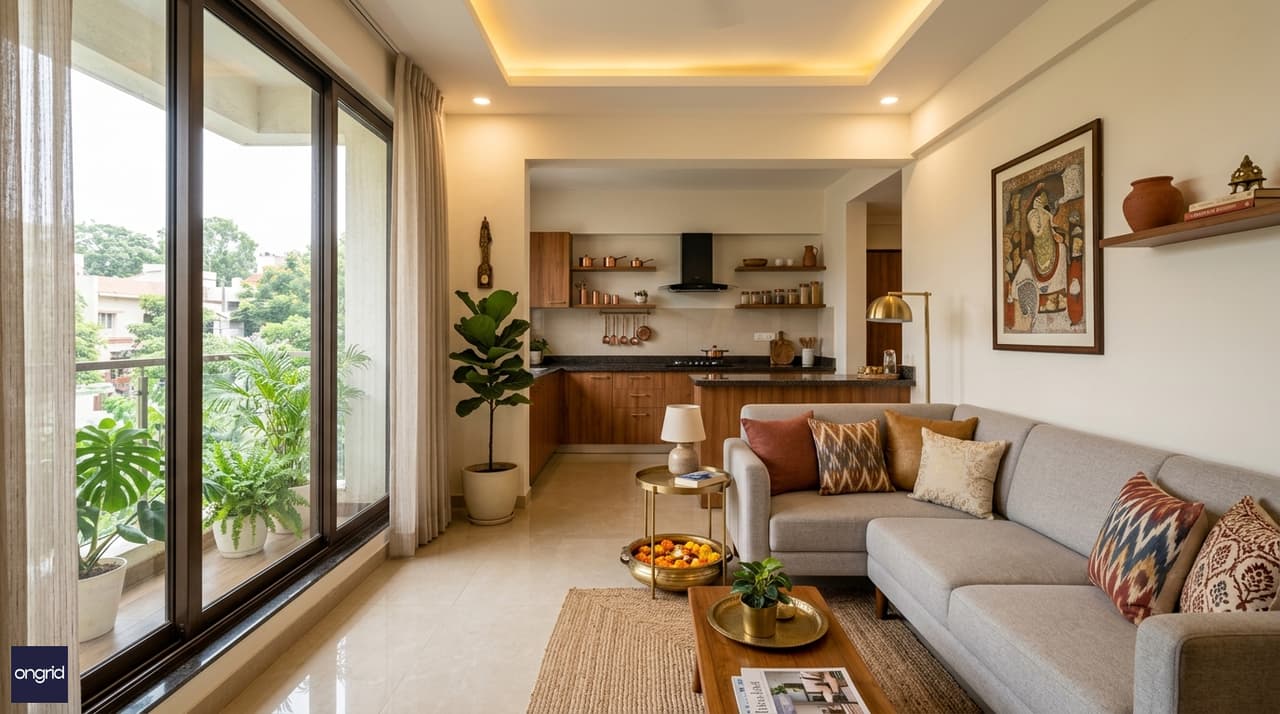 Modern Indian interior of North-facing living room with natural light