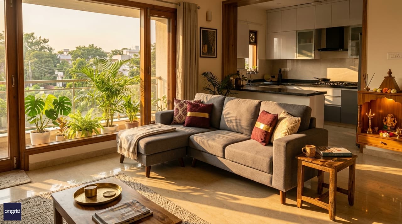Modern Indian interior of South-facing living room with natural light