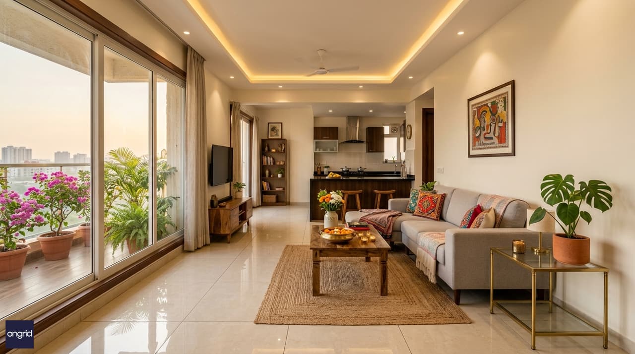 Modern Indian living room interior with open kitchen and natural lighting