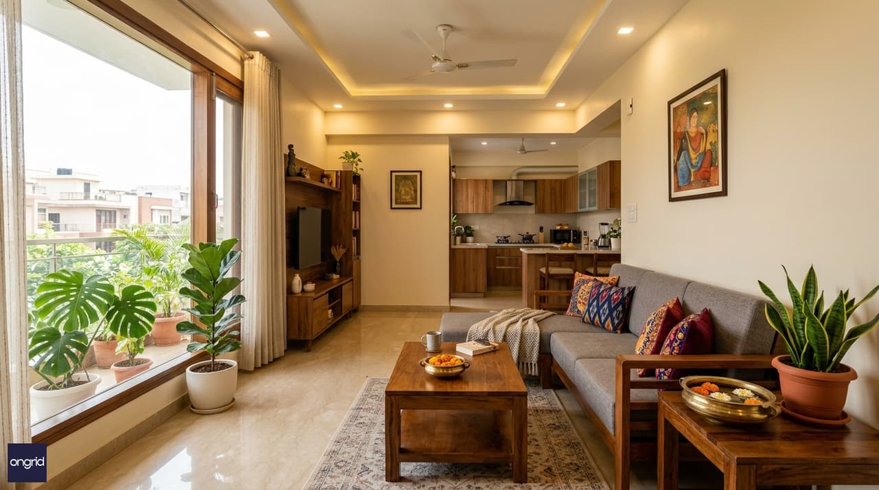 Modern Indian living room with north-facing window, soft light, grey sofa, and open kitchen